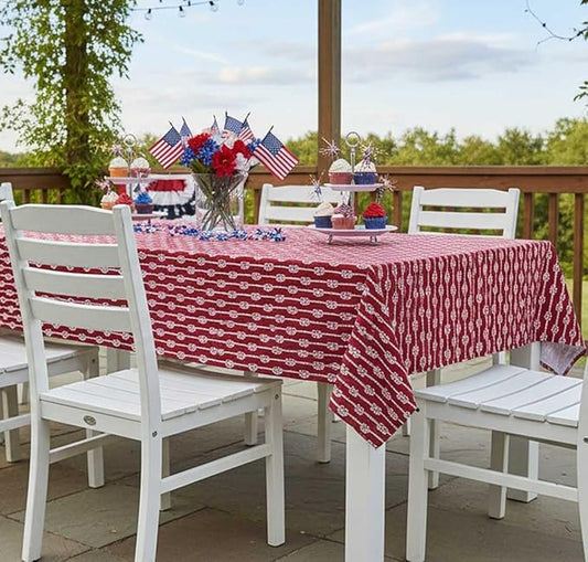 Newbridge Rectangle Vinyl Tablecloth with Flannel Backing, Red Nautical Rope Stripe, 52 x 70 Inch, Coastal Striped Indoor Outdoor Wipe Clean Picnic, BBQ and Dining Table Cover