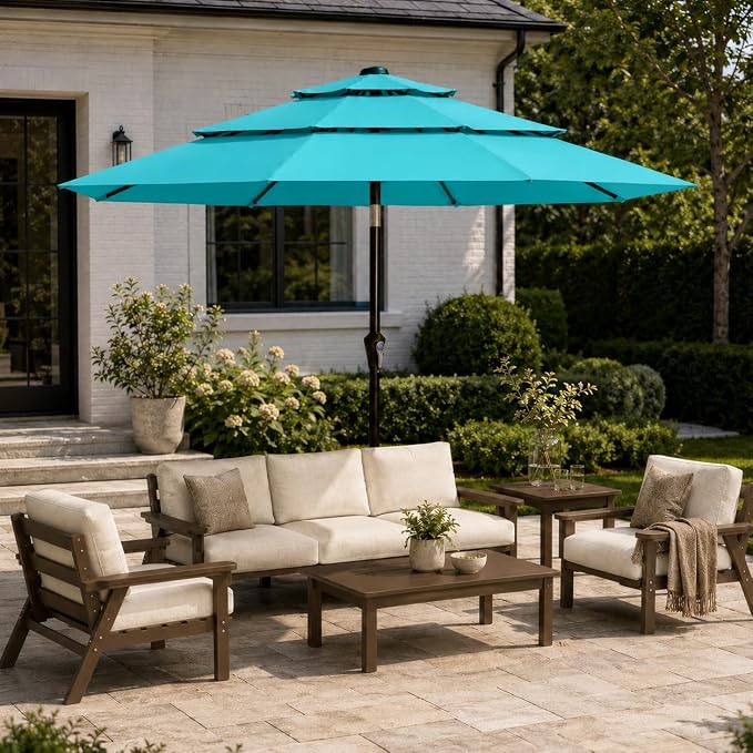 10ft Patio Umbrella, 3-Tier Vented Outdoor Table Umbrella with 8 Sturdy Fiberglass Ribs, Windproof Market Umbrella with Push Button Tilt and Crank, UV Protection for Deck, Pool, Turquoise Blue