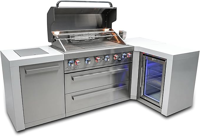 Mont Alpi 94"W x 50"D Deluxe Stainless Steel L-shaped Modular Outdoor Kitchen Island + Infrared Side Burner + Refrigerator + 44"W 6-Burner BBQ Grill + Granite Countertops + Storage Cabinets & Drawers