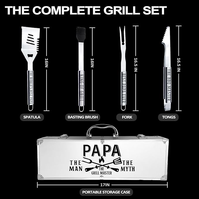 Papa Gifts, Papa Gifts from Grandkids Fathers Day Heavy Duty Grilling Accessories Kit for Backyard BBQ, Thick Stainless Steel Grill Utensils with Non-Slip Handle Tool Grilling Gift for Man on Birthday