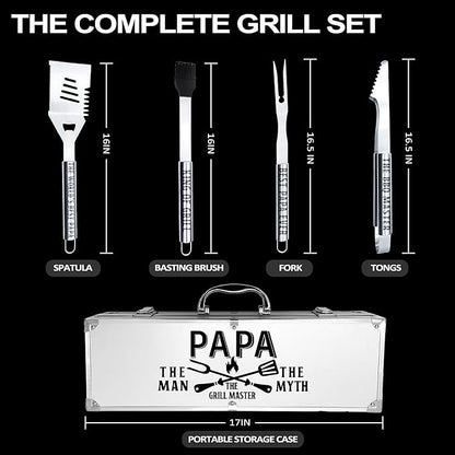 Papa Gifts, Papa Gifts from Grandkids Fathers Day Heavy Duty Grilling Accessories Kit for Backyard BBQ, Thick Stainless Steel Grill Utensils with Non-Slip Handle Tool Grilling Gift for Man on Birthday