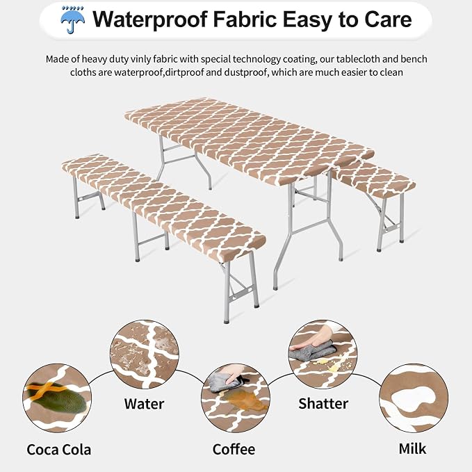 OutdoorLines Vinyl Fitted Picnic Table Cover with Bench Covers | Elastic Waterproof Camping Tablecloth for Picnic Table (Moroccon Camel 72x30 Inch, 3 Pcs)
