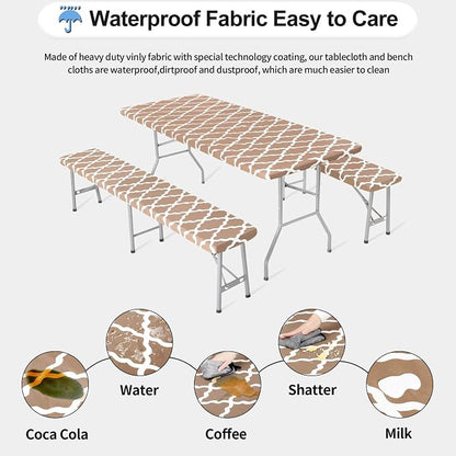 OutdoorLines Vinyl Fitted Picnic Table Cover with Bench Covers | Elastic Waterproof Camping Tablecloth for Picnic Table (Moroccon Camel 72x30 Inch, 3 Pcs)