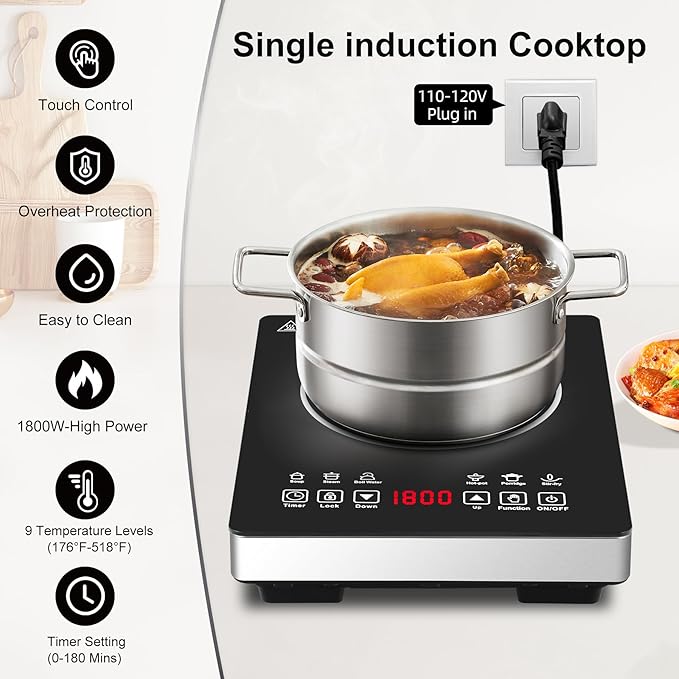 Single Burner Induction Cooktop,Hot Plate with 6 Cooking Modes, portable cooktop with LCD touch control,9 Levels &3H Timer,1800W 110V Portable induction Cooktop
