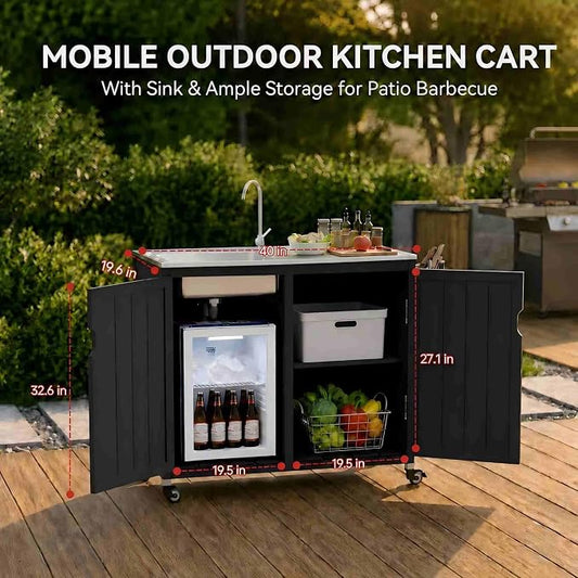 Outdoor Kitchen Island with 304 Stainless Steel Sink and Large Storage Cabinet,40-Inch BBQ Prep Station with Sink & 360 Lockable Wheels for Patio,Solid Wood Grill Cart，Backyard, Outdoor Party, Black