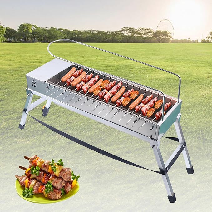 Foldable USB Electric Charcoal Grill, Double-Side Automatic Rotating Barbecue Grill Foldable with 17 Roast Rods, Portable Stainless Steel Rotary Barbecue Machine for Ourdoor