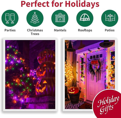 66ft Halloween Decorative Mini Lights, 200 LED Brown Wire Fairy Starry String Lights Plug in, 16 Lighting Modes for Halloween Outdoor Party Decoration (Orange/Purple/Green)