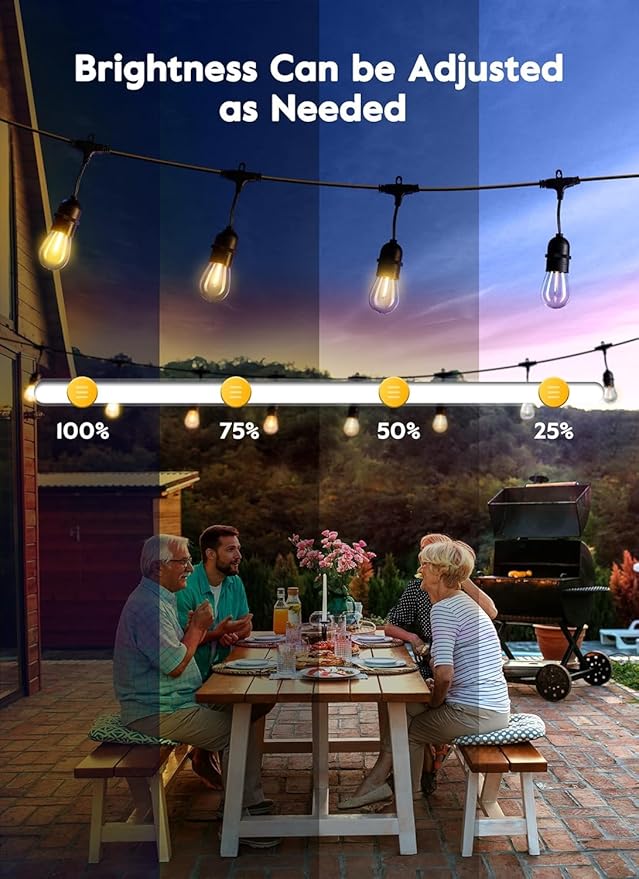 Brightown Outdoor String Lights, 52FT 15 Bulbs Shatterproof Patio Lights with Remote, IP65 Waterproof Dimmable Hanging Connectable LED Outdoor Lights for Backyard, Bistro, Porch, Deck, Balcony