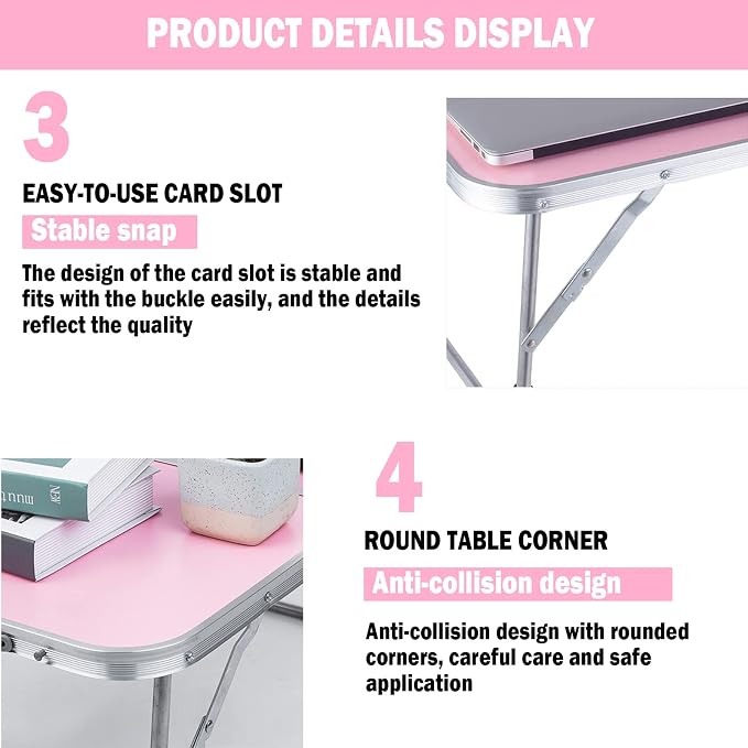Portable Folding Table - Small Outdoor Folding Table, Suitable for Travel, Camping, Beach, Barbecue, Picnic, Party, Patio (Pink)