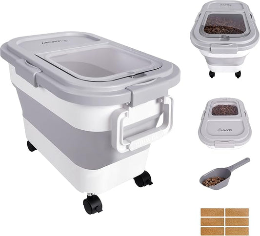 Wood Pellet Storage Container 20-25lbs, Airtight Bin with Locking Lid & Clear Window, Collapsible Pellet Bucket with Wheels, Scoop & Labels, Gray
