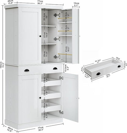 IRONCK 72" Kitchen Pantry Cabinet with Drawer and Sliding Racks, White | White wood pantry cabinet. 6 door shelves. 3 sliding racks. For kitchen, dining room, or hallway.
