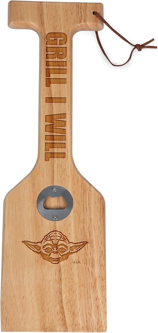 PICNIC TIME Star Wars Yoda Hardwood BBQ Grill Scraper with Bottle Opener, Bristle Free Wooden Grill Cleaning Tool with Hanging Loop for Outdoor Cooking and BBQ Cleanup, (Natural Wood)
