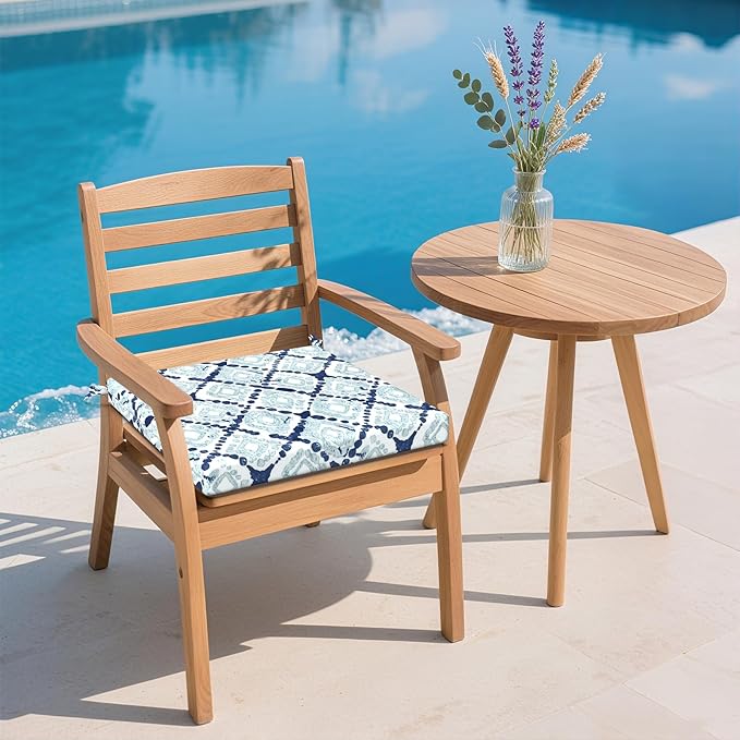 DYTXIII Set of 2 Outdoor Chair Cushions, Water Resistant 18.5"x16"x2" Square Seat Cushion for Patio Dining Chairs, High-Density Replacement Pads for Indoor Outdoor Furniture - Boho Geometry Blue