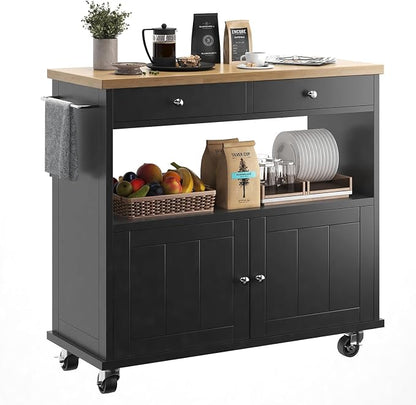 knoworld Rolling Kitchen Island with Storage Cabinet, 35.4'' Width Kitchen Cart, 2 Drawers Island Table, Portable Mobile Kitchen Island with Towel Rack, Wood Top and Lockable Wheels, Black