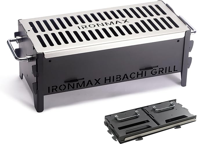 IRONMAX Portable Folding Hibachi Grill, Heavy Duty Charcoal & Wood-Burning Campfire Grill for Outdoor Cooking, Camping Yakitori, Patio & Backyard - 16" x 7.5" x 6.5"