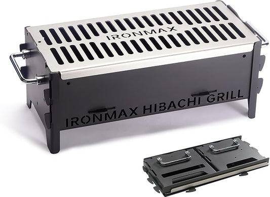 IRONMAX Portable Folding Hibachi Grill, Heavy Duty Charcoal & Wood-Burning Campfire Grill for Outdoor Cooking, Camping Yakitori, Patio & Backyard - 16" x 7.5" x 6.5"