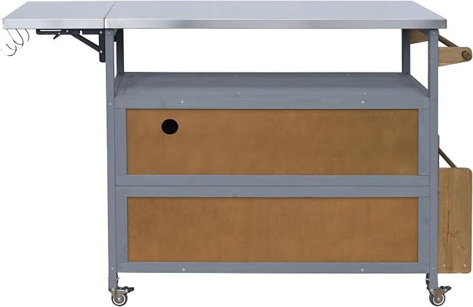 Christopher Knight Home Edsel Outdoor Bar Cart with Stainless Steel Top and Lockable Wheels, Solid Wood Outdoor Storage Cabinet, Kitchen Island Serving Cart for Poolside, Walnut Brown+Blue Gray