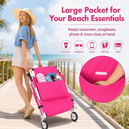 Wheel-To-Go Tanning Chair with Wheels Sun Canopy Umbrella Face Hole Thicker Washable Adjustable, Heavy Duty Folding Sun Lounge Chair Beach Outside Sunbathing Reading, UPF 50+, Pink (Patent Design)