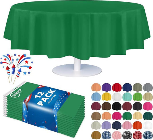 Grandipity 12 Pack Premium Disposable Plastic Tablecloth 84" Inch Decorative Round Table Cover - Green