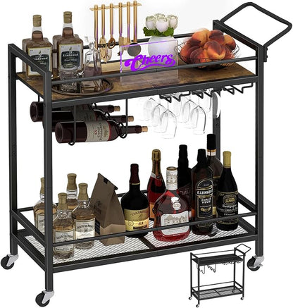 LAATOOREE Home Bar Serving Cart, Mobile Drink Beverage Cart with Two-Color Top Shelf, Rolling Kitchen Cart with Wine Holder and Glass Holder, for Dinning Room, Living Room, Kitchen