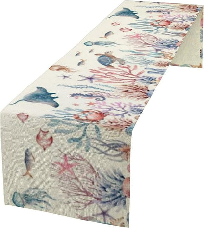 Nautical Coastal Table Runners Ocean Beach Coral Table Runners Starfish Blue Teal Seafood Drawing, Dining Room Kitchen Rectangular Runner, 13" X 60"