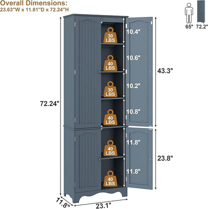 Function Home Tall Pantry Cabinet, Freestanding Storage Cabinet, Wooden Kitchen Pantry with 4 Doors and 5 Shelves, 72" Floor Cabinet Organizer for Kitchen Living Room Bathroom, Grey