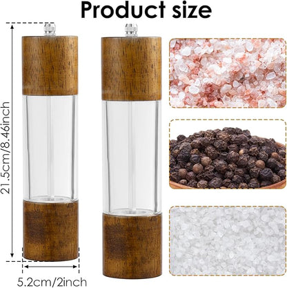 2 Pack Wooden Salt and Pepper Grinder Set,8 Inch Manual Acrylic Salt and Pepper Mills with Adjustable Ceramic Grinder Core,Rustic Wood Finish Spice Grinder Set for Kitchen Dining Table BBQ
