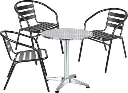 Indoor Outdoor 23.75" Restaurant Stainless Steel Aluminum Metal Slat Stack Commercial Lightweight, 3 Chairs with a Round Table, Silver/Black