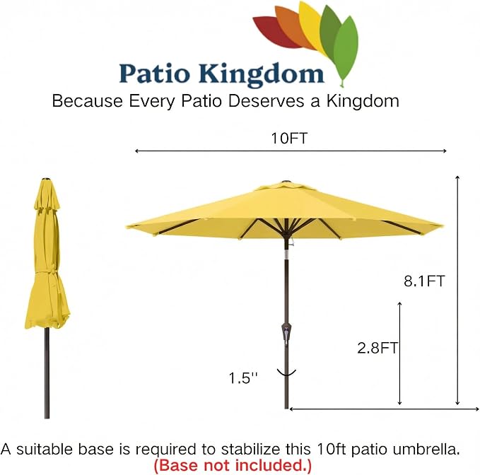 10FT Patio Umbrella Outdoor Market Umbrella with Crank and Tilt, 8 Flexible Fiberglass Ribs, UV-Resistant Waterproof Canopy for Patio, Deck, Garden, Backyard, Sunshine Yellow