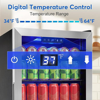 FoMup Beverage Refrigerator 150 Can with Glass Door – Mini Drink Cooler with Reversible Door, Safety Lock & Temperature Control, Small Fridge for Beer Soda Wine, Compact for Dorm Office Hotel