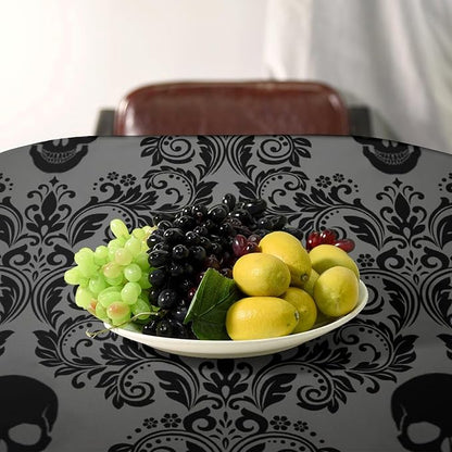 Gothic Black Damask Tablecloth, Vintage Floral Exotic Suger Skull Bohemian Antique Victorian Table Cloth Water Resistant Table Cover for Farmhouse Party Holiday Kitchen Dinner Table 55x75"