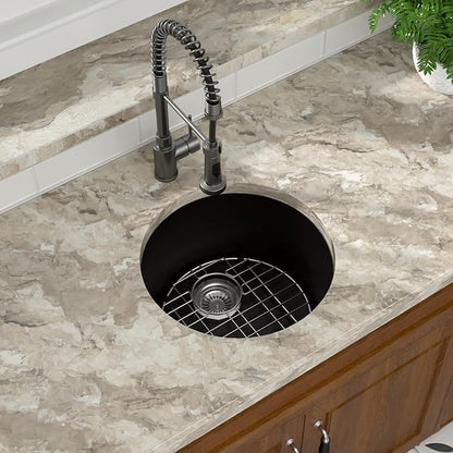 Mocoloo 18 Inch Round Bar Sink Undermount - Black Granite Composite Quartz Prep Sinks Small Kitchen Sink for Island or RV
