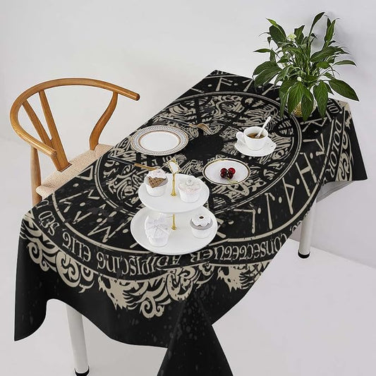 Vintage Viking Pattern Tablecloth, Viking Ancient Runic Helmet of Awe Celtic Dragon Table Cloth Water Resistant Wipeable Table Cover for Farmhouse Party Holiday Kitchen Dinner Table 55x75"