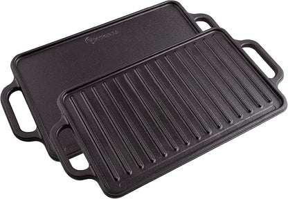 Victoria Rectangular Cast Iron Griddle. Double Burner Griddle, Reversible Grill, 13 x 8.5 Inch, Seasoned with 100% Kosher Certified Non-GMO Flaxseed Oil, Model: GDL-189