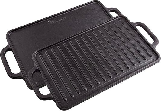 Victoria Rectangular Cast Iron Griddle. Double Burner Griddle, Reversible Grill, 13 x 8.5 Inch, Seasoned with 100% Kosher Certified Non-GMO Flaxseed Oil, Model: GDL-189