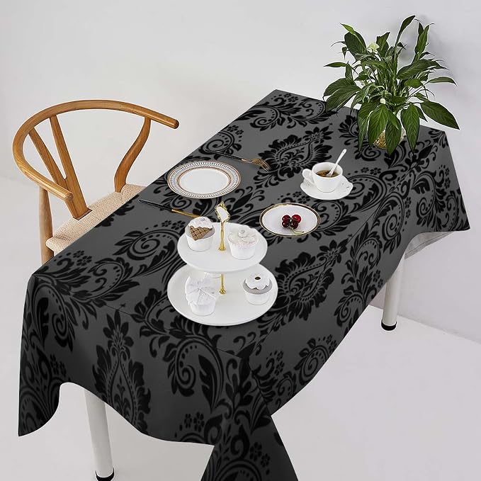 Gothic Black Damask Tablecloth, Vintage Floral Exotic Bohemian Antique Victorian Table Cloth Water Resistant Table Cover for Farmhouse Party Holiday Kitchen Dinner Table 55x55