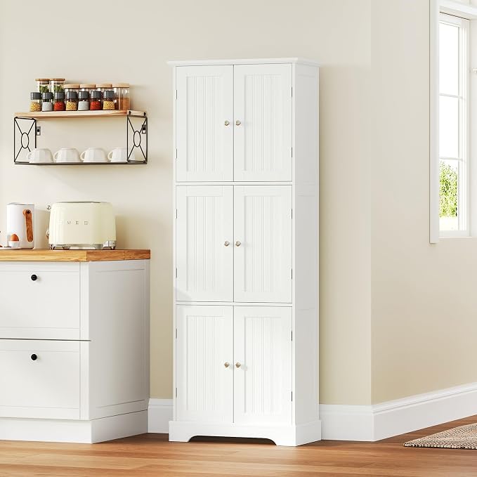 ChooChoo 63.2" Tall Bathroom Storage Cabinet with 6 Doors | Freestanding Floor Cabinet, Adjustable Shelves, Pantry Cabinet for Bathroom, Kitchen, Laundry Room, White