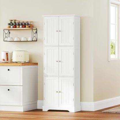 ChooChoo 63.2" Tall Bathroom Storage Cabinet with 6 Doors | Freestanding Floor Cabinet, Adjustable Shelves, Pantry Cabinet for Bathroom, Kitchen, Laundry Room, White