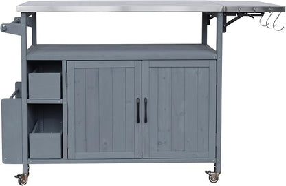 Christopher Knight Home Edsel Outdoor Bar Cart with Stainless Steel Top and Lockable Wheels, Solid Wood Outdoor Storage Cabinet, Kitchen Island Serving Cart for Poolside, Garden, Blue Gray