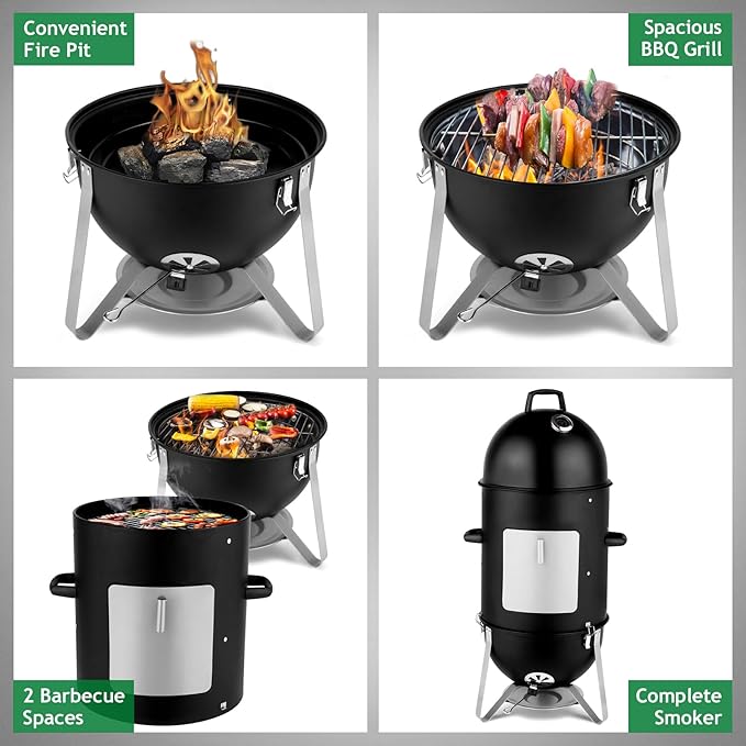Vertical Charcoal BBQ Smoker, Round Charcoal Barbecue Grill with 3 Cooking Area, and Thermometer for Outdoor Camping Picnic Backyard Cooking, Black
