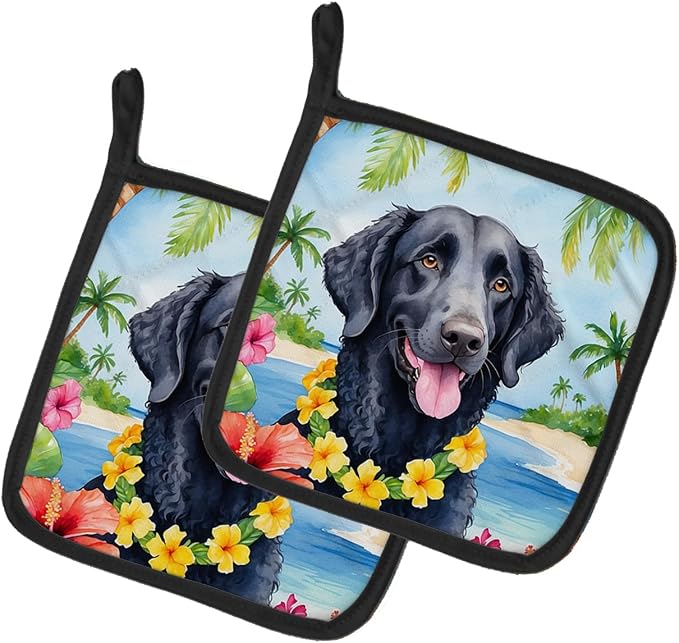 Caroline's Treasures Curly-Coated Retriever Luau Pair of Pot Holders Kitchen Heat Resistant Pot Holders Sets Oven Hot Pads for Cooking Baking BBQ, 7 1/2 x 7 1/2