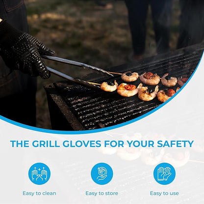 Heat-Resistant BBQ & Oven Gloves with Meat Smoking Guide – Non-Slip Silicone Grip, One Size Fits Most, Ideal for Grilling, Smoking, Baking & Cooking – Black