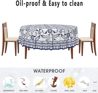 Ethnic Floral Circle Table Cloths 70 Inch Blue Flowers Plants Chic Wrinkle Oil-Proof Resistant Round Table Cover Folk Style Tablecloths for Indoor Outdoor Kitchen Dining Party Restaurant