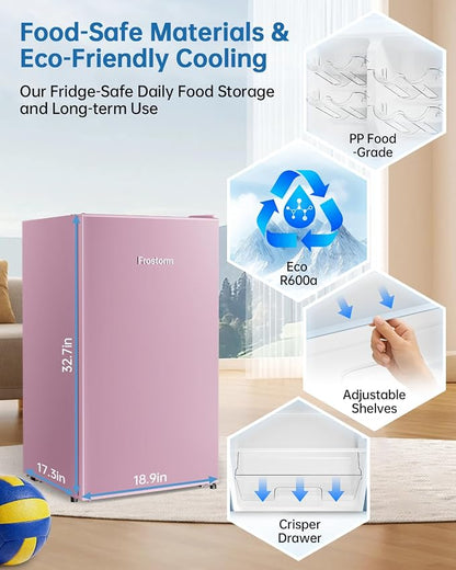 3.2 Cu Ft Mini Fridge with Freezer - Energy Efficient, Large Capacity Single Door Upright Freezer for Bedroom, Office & Dorm | Small Fridge, Reversible Door, ETL Certified(Pink)