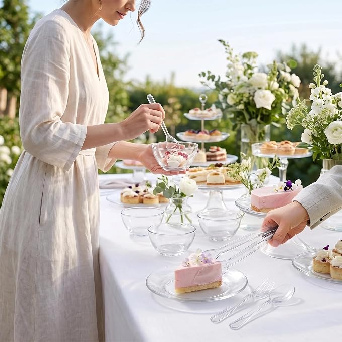 24 Pcs Clear Plastic Serving Utensils Set, Elegant Disposable Serving Spoons & Forks, Heavy Duty Party Tableware for Wedding, Birthday Party, Baby Shower, Buffet, Catering & Special Events