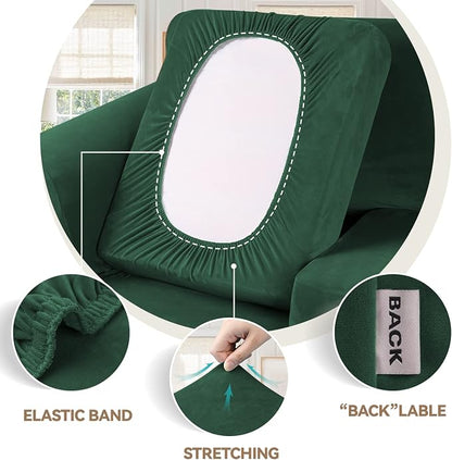 WEERRW Velvet Stretch 3 Pieces Couch Cover for Sofa Washable, Emerald Green | Love Seat Couch Covers for 2 Cushion Couch Sofa Furniture Protector slipcoves with Elastic Bottom for Kids, Medium