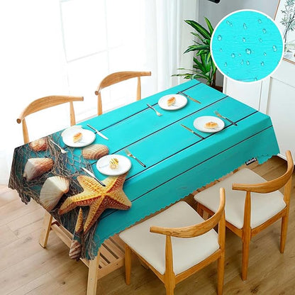 Swono Beach Table Cloth Tropical Fish Net Seashells Starfish Blue Wood Rectangle Tablecloth Picnic Table Cover BBQ Table Cloths Polyester for Kitchen Camping BBQ 50x72 Inch
