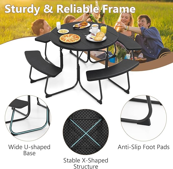 COSTWAY Round Picnic Table with Umbrella Hole, Outdoor Picnic Table with Bench Set for 4-8 People, HDPE Tabletop, Patio Dining Furniture Set for Family Gatherings, BBQ Party, Backyard (Black)