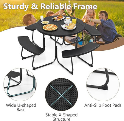 COSTWAY Round Picnic Table with Umbrella Hole, Outdoor Picnic Table with Bench Set for 4-8 People, HDPE Tabletop, Patio Dining Furniture Set for Family Gatherings, BBQ Party, Backyard (Black)