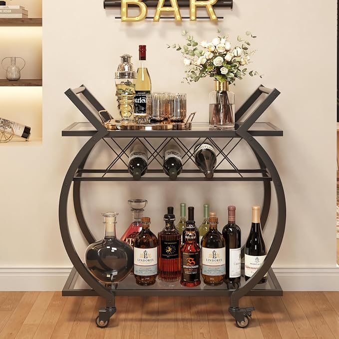 LVB Bar Cart with Glass, Black Bar Cart with Wheels, Home Bar Serving Cart | 2 Tier Glass Shelves Bar Cart with Storage, Wine Cart with Wine Rack, Liquor Cart for Kitchen, Bar, Dinning Room